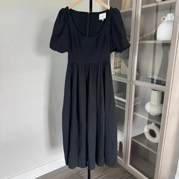 Reformation Black Scoop Neck Puff Sleeve Tiered Maxi Dress 6 Organic Cotton - Picture 2 of 7